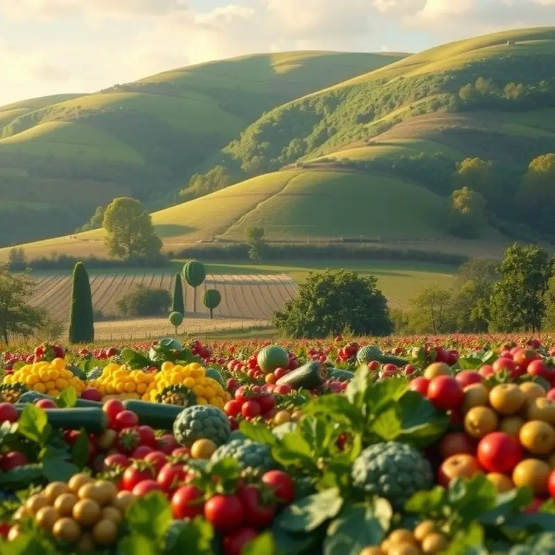 A bountiful orchard filled with fresh produce under warm sunlight.