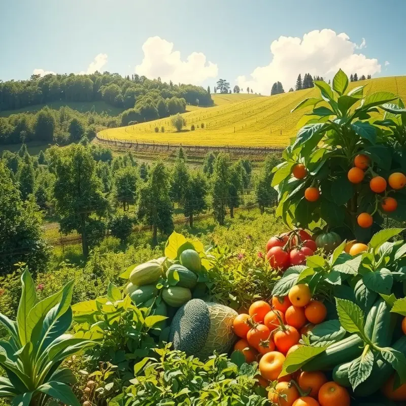 A sunny field filled with vibrant fruits and vegetables, representing nature’s bounty.