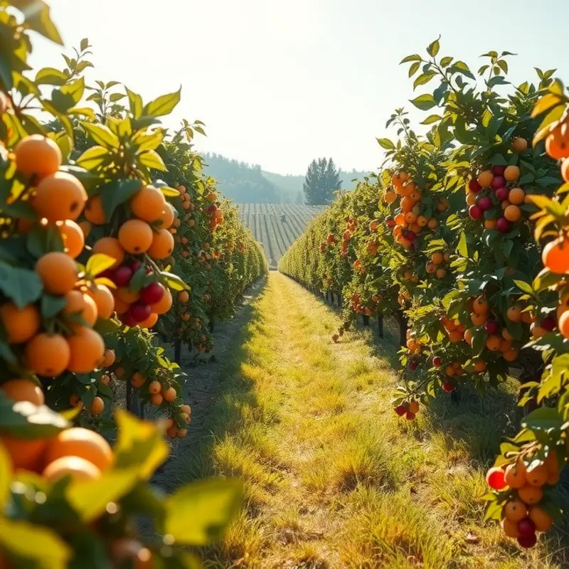 A vibrant sunlit field rich with vegetables and fruits, symbolizing organic freshness.