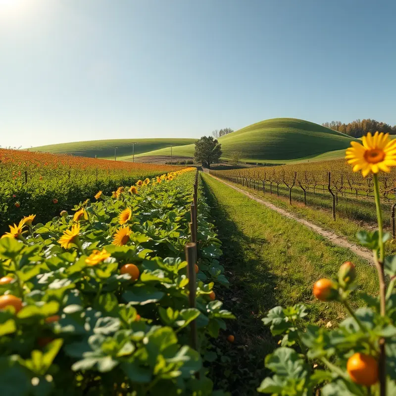 A sunlit field abundant with vibrant fruits and vegetables.