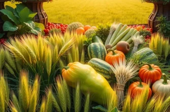 An idyllic scene of a sunlit field filled with ripe vegetables and fruits in a lush, natural setting.