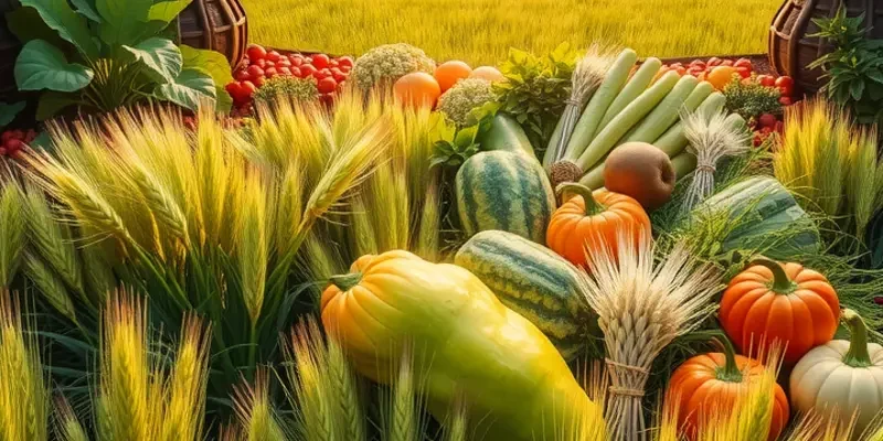 An idyllic scene of a sunlit field filled with ripe vegetables and fruits in a lush, natural setting.