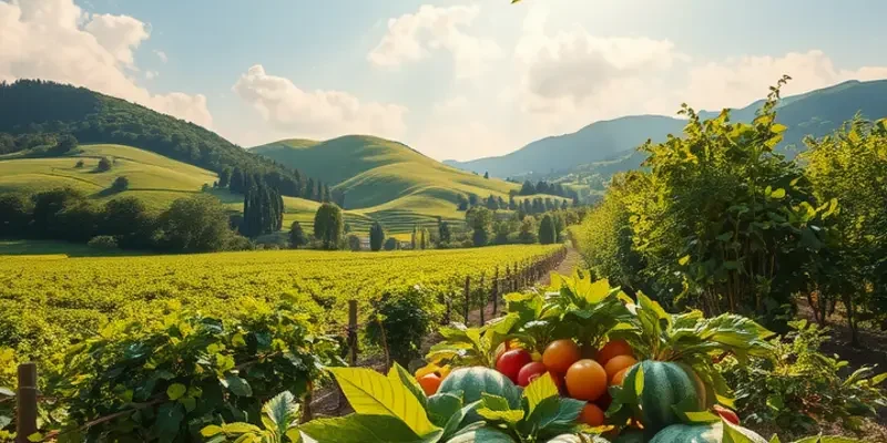 Beautiful scenic landscape of an organic garden full of fresh vegetables and fruits.