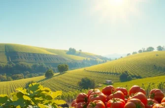 A beautiful farm landscape showcasing an array of organic fruits and vegetables growing naturally.