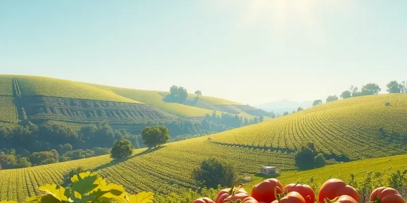 A beautiful farm landscape showcasing an array of organic fruits and vegetables growing naturally.