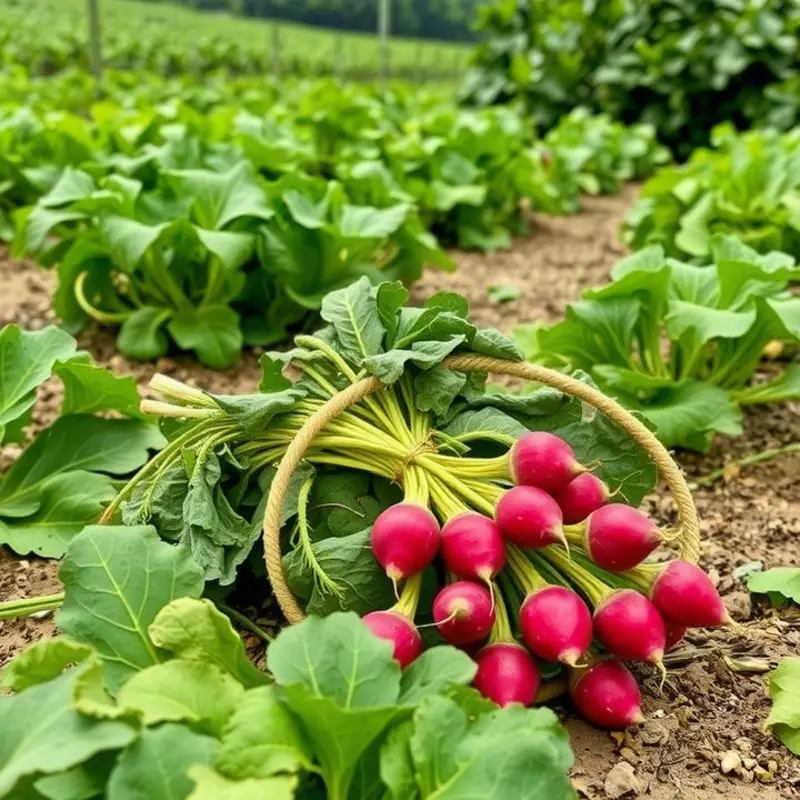 A vibrant field showcasing the nutritional potential of radishes among other organic vegetables.