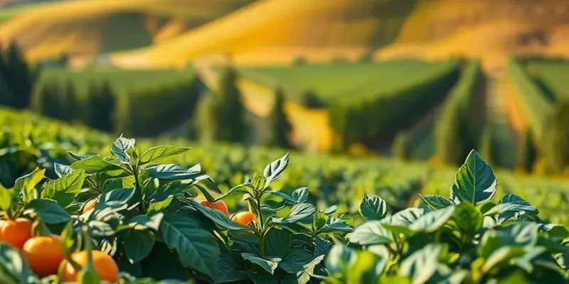 A serene field filled with fresh organic produce surrounded by verdant greenery.