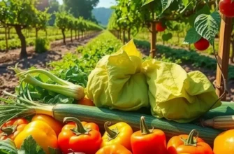 A bright and beautiful field filled with organic fruits and vegetables under soft sunlight.