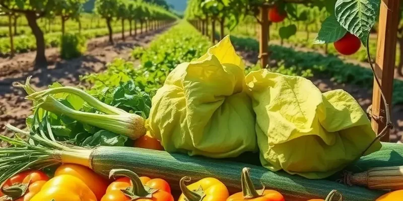 A bright and beautiful field filled with organic fruits and vegetables under soft sunlight.