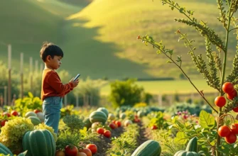 A peaceful landscape showcasing a field of organic fruits and vegetables growing in natural sunlight.