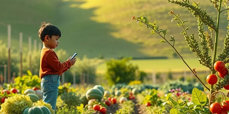 A peaceful landscape showcasing a field of organic fruits and vegetables growing in natural sunlight.