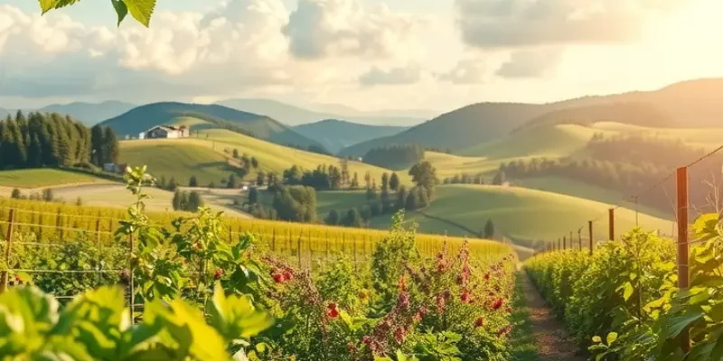 A scenic landscape of vibrant produce growing among green hills, emphasizing the beauty of organic farming.