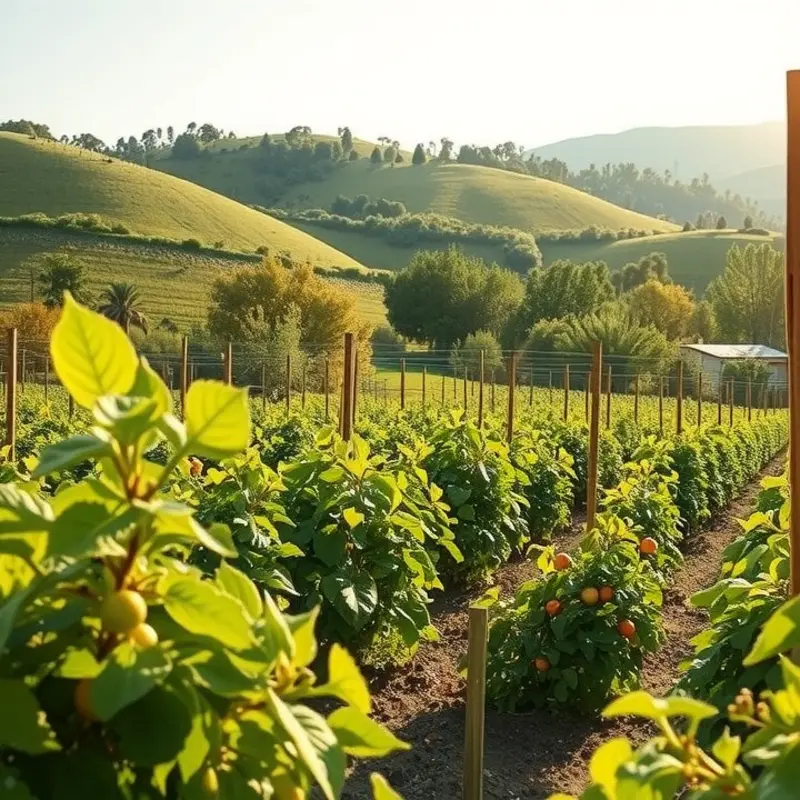 A sunlit field filled with organic vegetables and fruits.