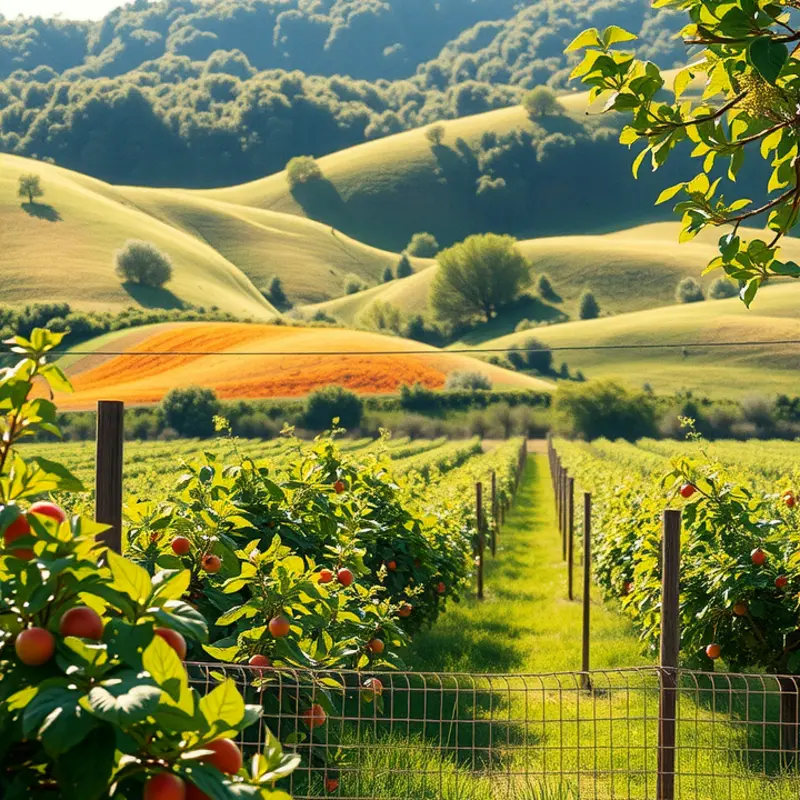 A serene orchard filled with vibrant, naturally grown fruits in soft lighting.