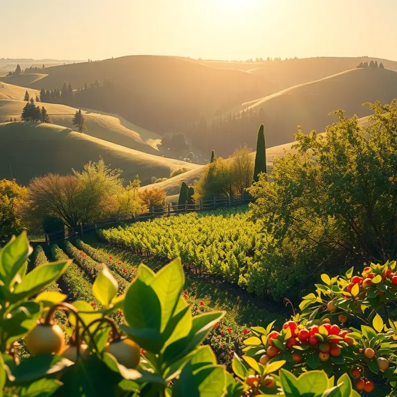 A serene sunlit field showcasing vibrant vegetables and fruits among lush greenery.