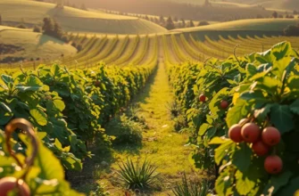 A picturesque orchard full of colorful organic fruits and vegetables under warm sunlight.
