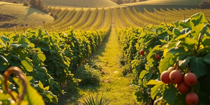 A picturesque orchard full of colorful organic fruits and vegetables under warm sunlight.