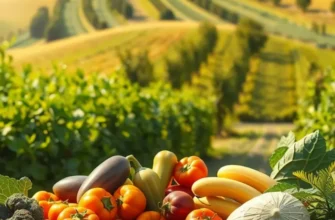A serene landscape featuring colorful fruits and vegetables flourishing in their natural environment.