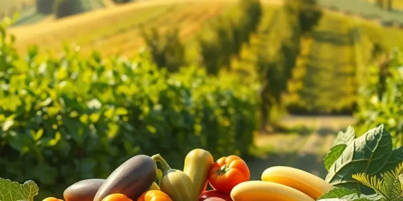 A serene landscape featuring colorful fruits and vegetables flourishing in their natural environment.