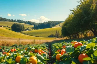 A picturesque view of an organic orchard filled with ripe fruits and vegetables.