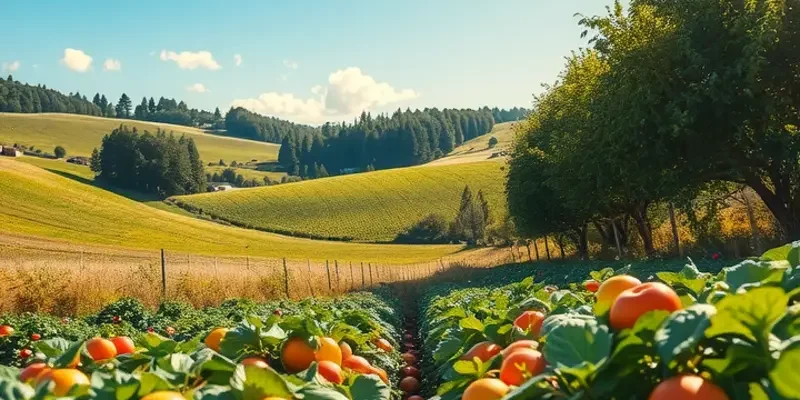 A picturesque view of an organic orchard filled with ripe fruits and vegetables.