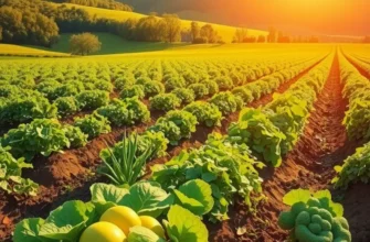 A bright, sunlit field showcasing an array of colorful fruits and vegetables in a natural setting.