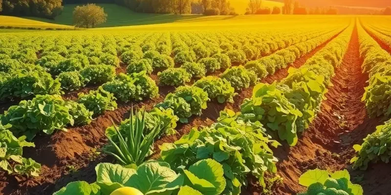 A bright, sunlit field showcasing an array of colorful fruits and vegetables in a natural setting.