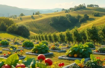 A scenic landscape of vibrant organic produce amidst lush greenery.