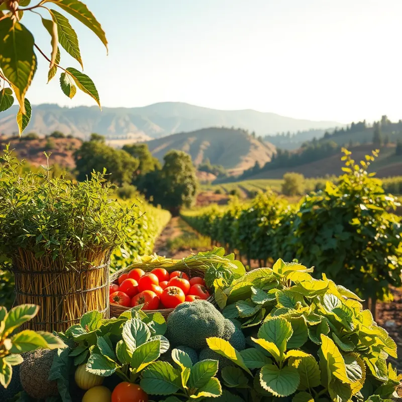 A vibrant sunlit field showcasing organic vegetables and fruits.