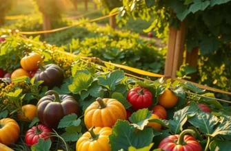 A scenic view of a field filled with healthy organic vegetables and fruits under soft sunlight.