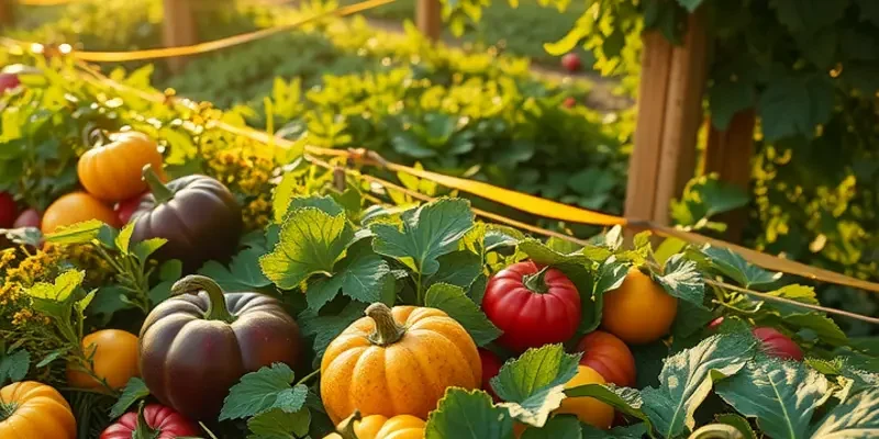 A scenic view of a field filled with healthy organic vegetables and fruits under soft sunlight.
