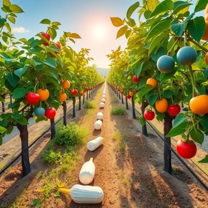 A sunlit field showcasing fresh vegetables and fruits.