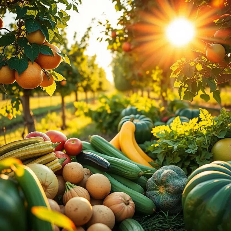 A scenic view of a lush field with colorful fruits and vegetables ready for harvest.