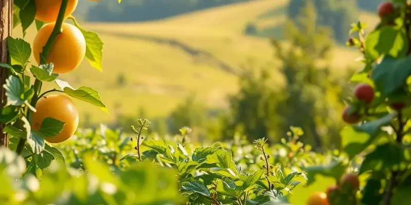 A picturesque view of a vibrant sunlit field filled with fresh vegetables and fruits.