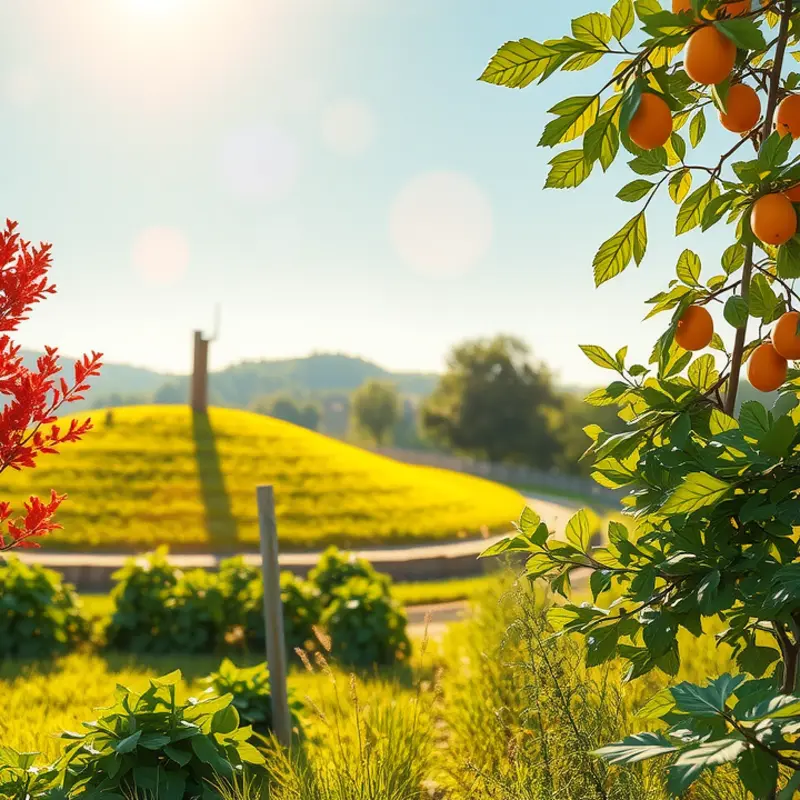 A sunlit orchard filled with vibrant organic vegetables.