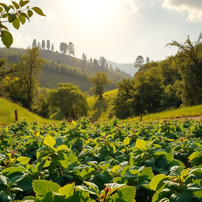 A beautiful sunlit field abundant with fresh vegetables and fruits.