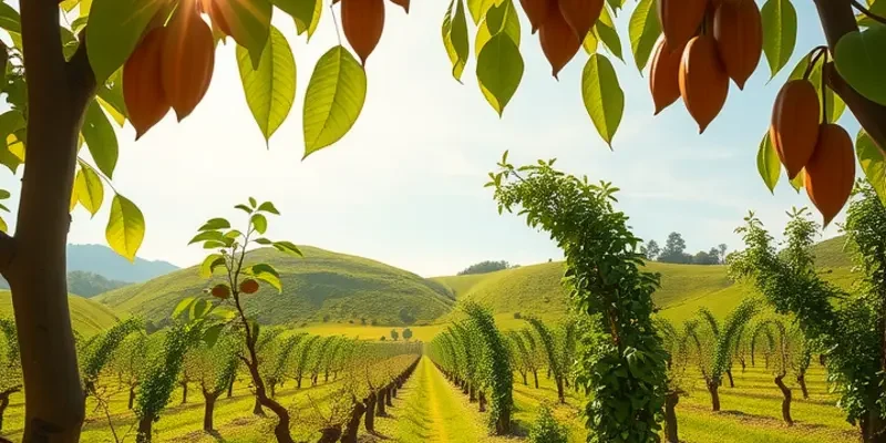 A sunlit field with vibrant vegetables and fruits flourishing in lush greenery.