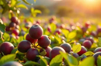 A sunny landscape displaying lush organic fruits and vegetables in a vibrant natural setting.