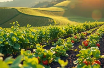 A picturesque landscape of a field with an abundance of fresh organic vegetables and fruits.