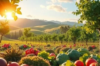 A scenic view of a field filled with vibrant vegetables and fruits under soft natural lighting.