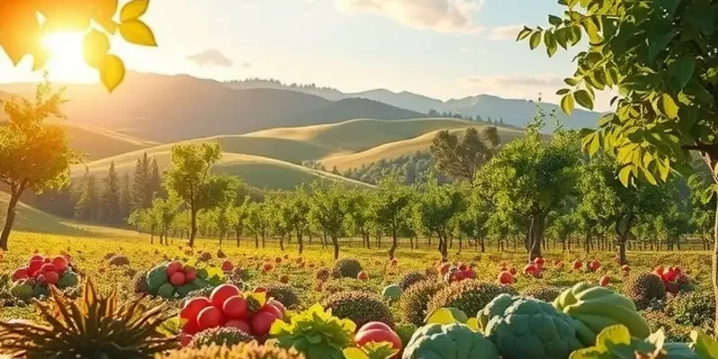 A scenic view of a field filled with vibrant vegetables and fruits under soft natural lighting.