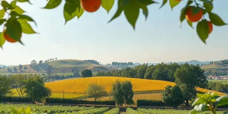 A scenic garden filled with vibrant vegetables and fruits, depicting organic abundance.