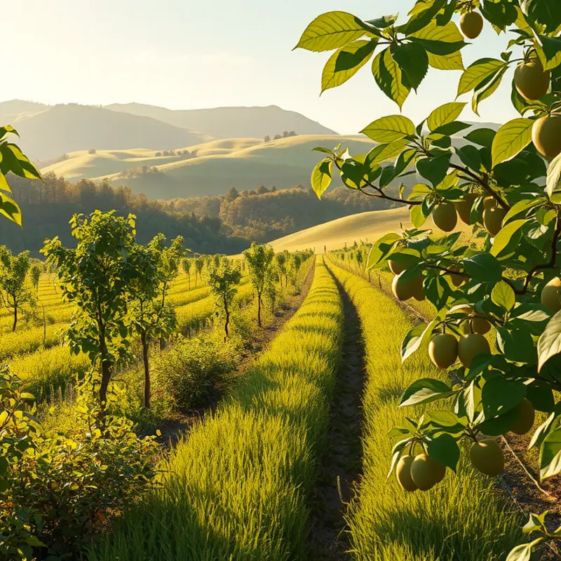 A vibrant sunlit field teeming with organic vegetables and fruits.