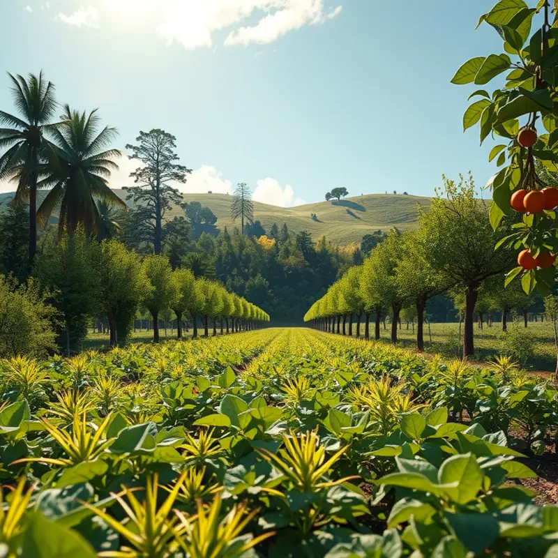 A vibrant sunlit field showcasing the abundance of organic vegetables and fruits.