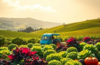 A bright field teeming with organic vegetables and fruits illuminated by sunlight.