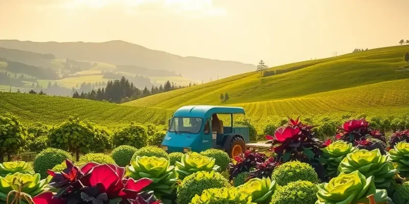 A bright field teeming with organic vegetables and fruits illuminated by sunlight.