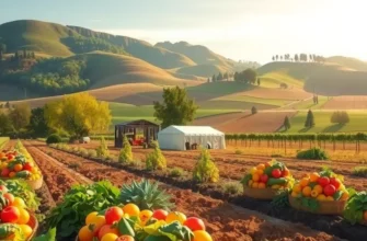 A picturesque orchard filled with vibrant organic fruits and vegetables under warm sunlight.