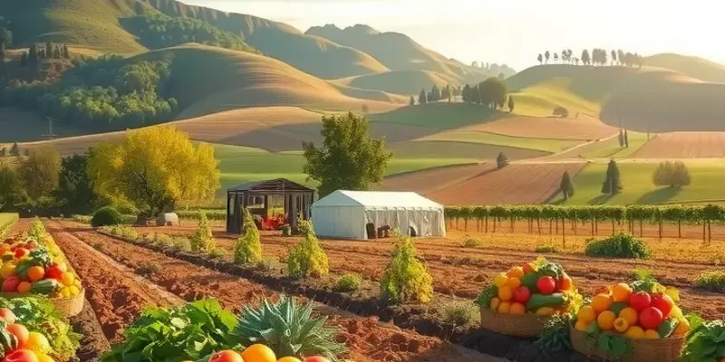 A picturesque orchard filled with vibrant organic fruits and vegetables under warm sunlight.