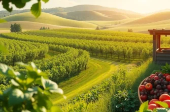 A wide view of a sunny landscape filled with fresh, organic vegetables and fruits growing abundantly.