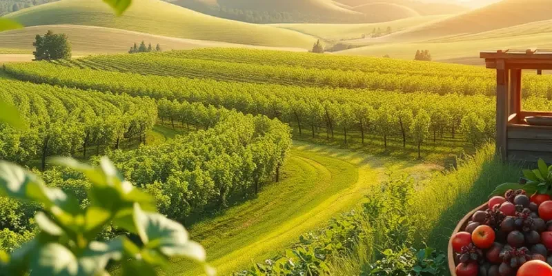 A wide view of a sunny landscape filled with fresh, organic vegetables and fruits growing abundantly.